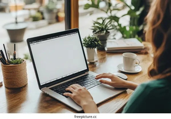 Woman Working on Laptop in a Cafe