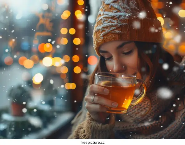 A young woman is drinking tea in a cozy cafe on a snowy day