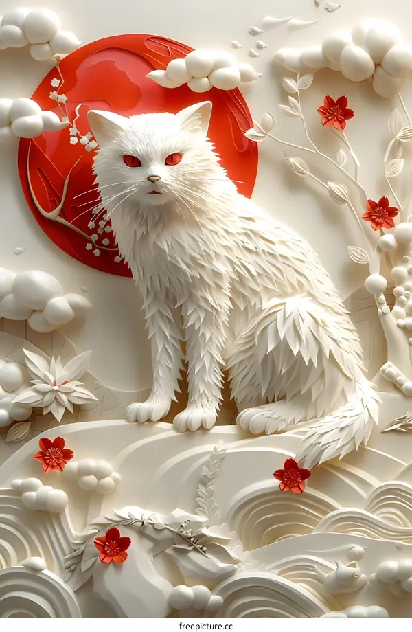 Paper Cut Artwork of a White Cat with Red Eyes and Flowers