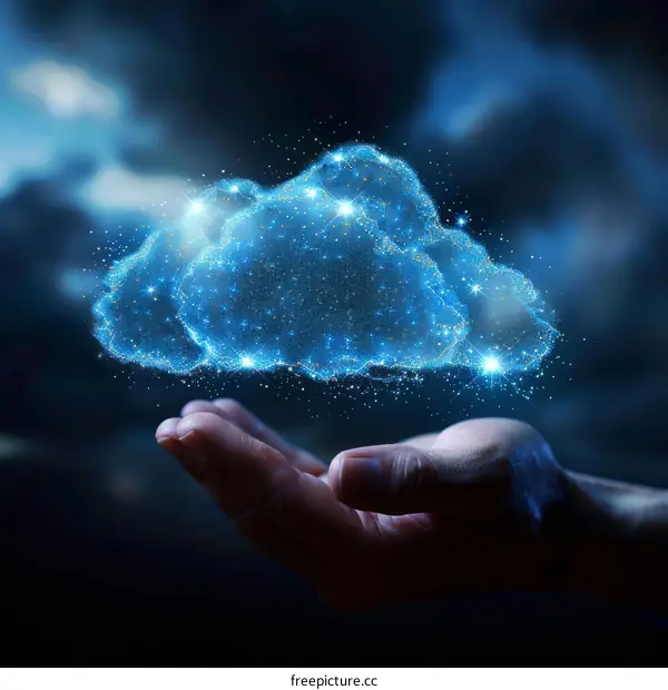 Hand holding a glowing cloud of stars representing data storage and computing power