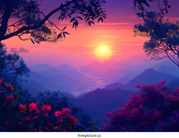 Fantasy landscape with mountains and river at sunset