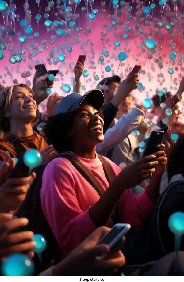 A group of people looking up at a colorful sky filled with glowing bubbles