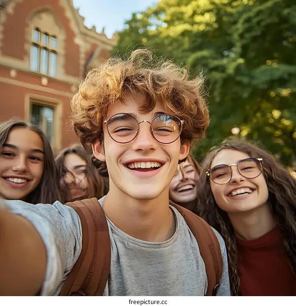 Group of Happy Students Taking a Selfie in Front of a Building