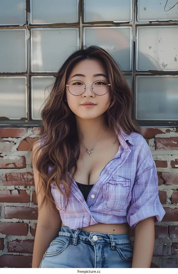 Young Asian Woman Wearing Glasses in a Plaid Shirt
