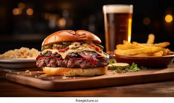 A delicious cheeseburger with bacon, pickles, and fries on a wooden cutting board with a glass of beer in the background