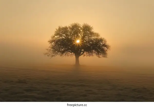 The sun shines through the branches of a tree in the middle of a foggy field