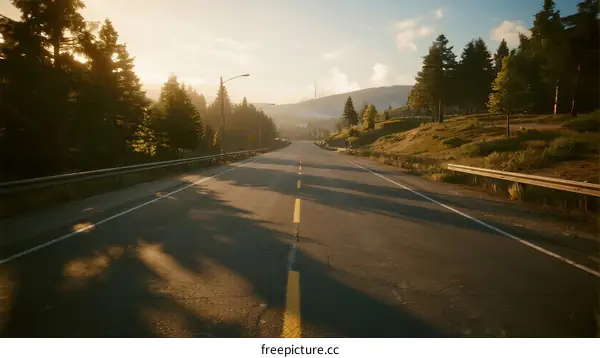 Scenic road surrounded by lush green trees under a clear sky