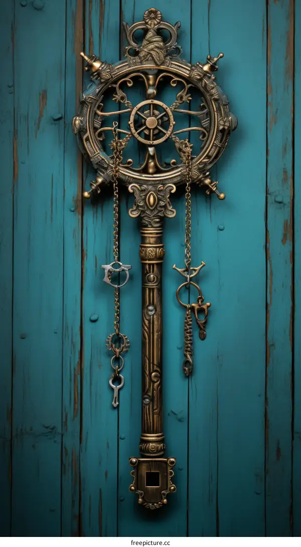 Ornate Steampunk Key with Turquoise Gemstone