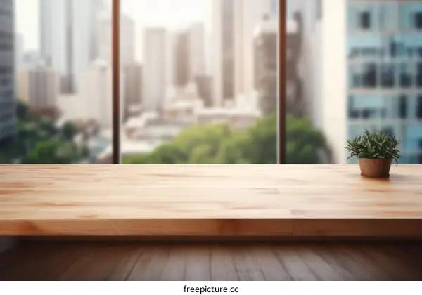 Empty Wooden Table with Potted Plant in Modern Office