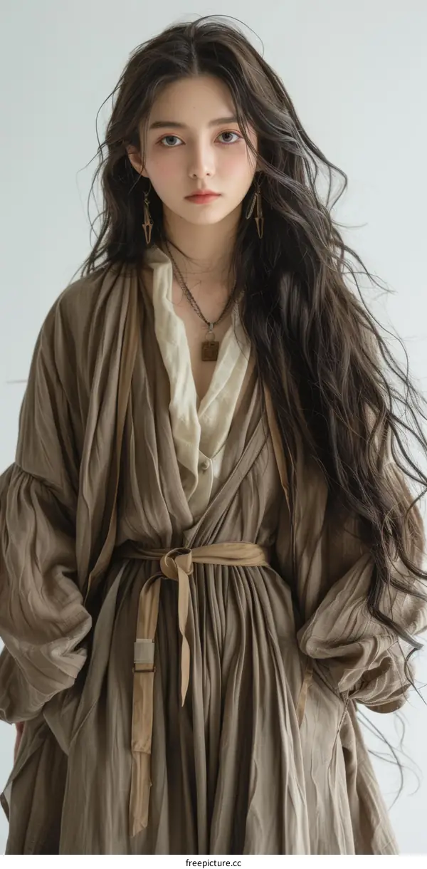 Portrait of a Young Woman with Long Dark Hair and Serene Expression