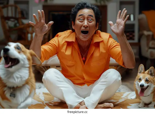 Asian man with his two dogs