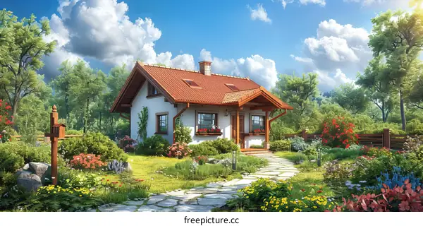 Small cottage house with flowers and garden