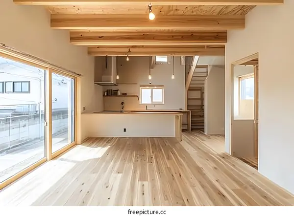 Modern Minimalist House Interior with Wooden Beams and Large Windows