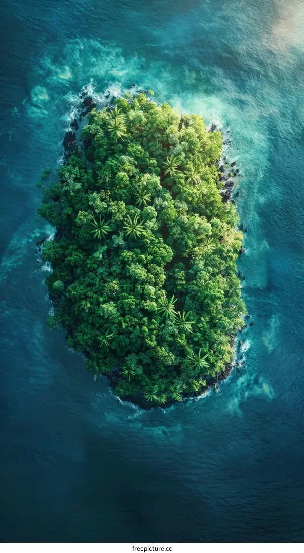 Tropical Island with Lush Green Vegetation and Blue Ocean Waters