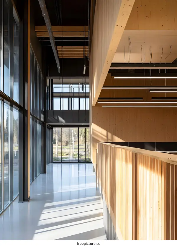 Modern Office Building Interior With Wooden Walls And Large Windows
