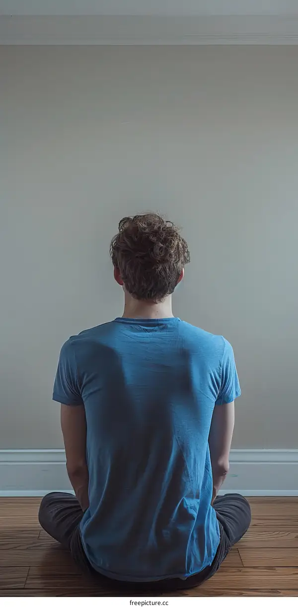 Man in blue shirt sitting on floor with back to camera