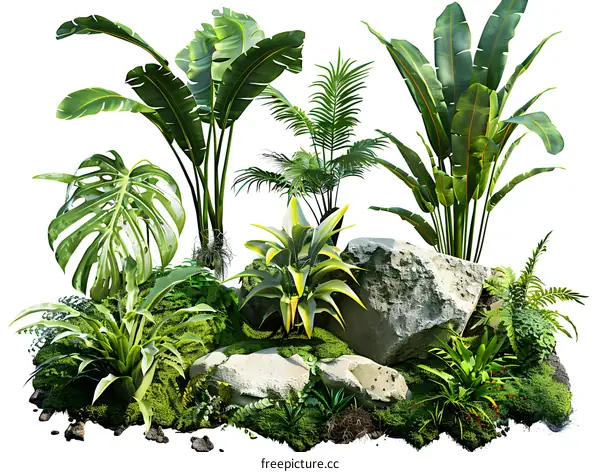 The lush green plants and rocks form a beautiful tropical landscape