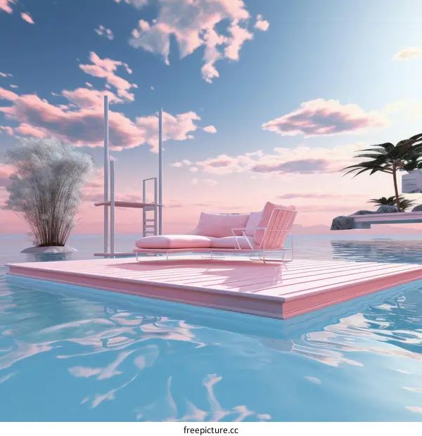 Pink Platform on Water with Lounge Chair and Diving Board
