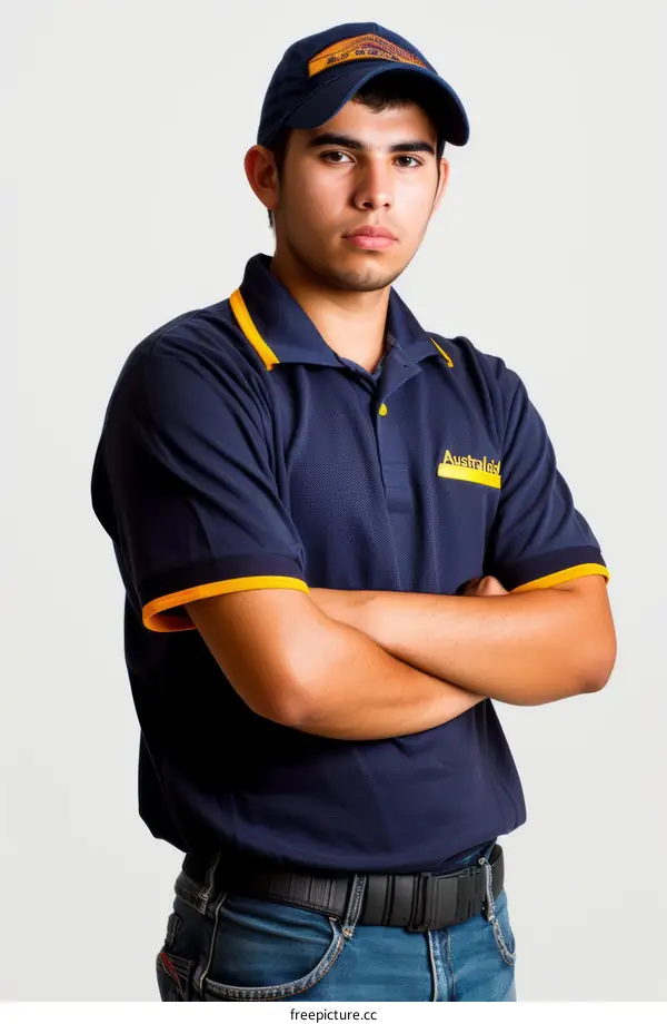 Portrait of a young man in a blue uniform