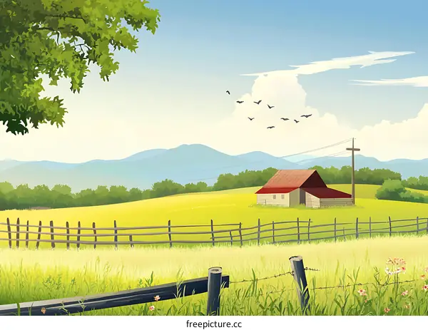 Countryside Landscape with Farmhouse and Fence