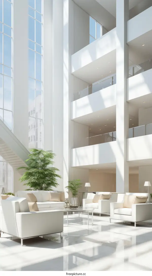 Modern Lobby Interior with Natural Light and Greenery