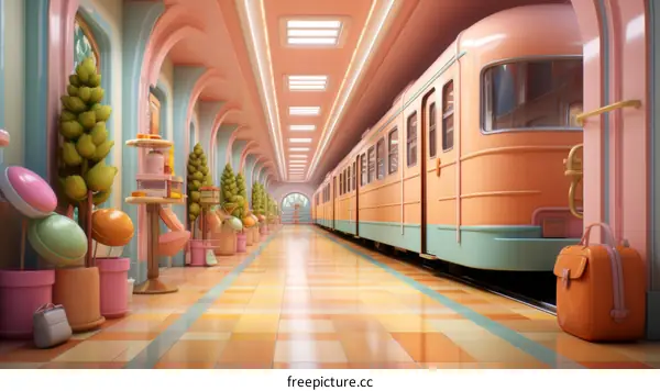 A pink and blue retro futuristic train station with a train