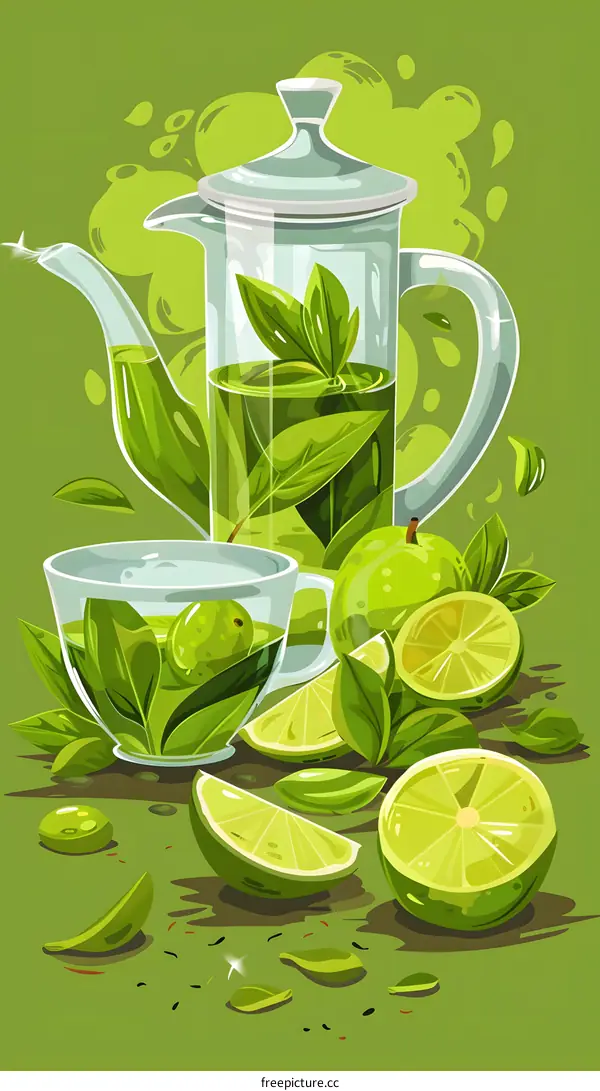 Green Tea with Lime and Mint Illustration