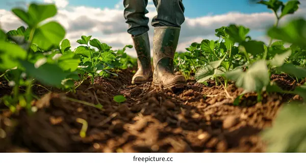 Close-up of a farmer's feet walking through a lush green field of young soybean plants