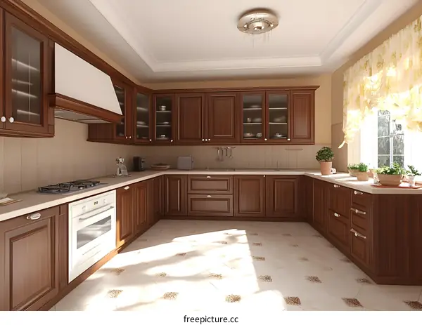 Modern Kitchen Design with Wooden Cabinets and Tile Flooring