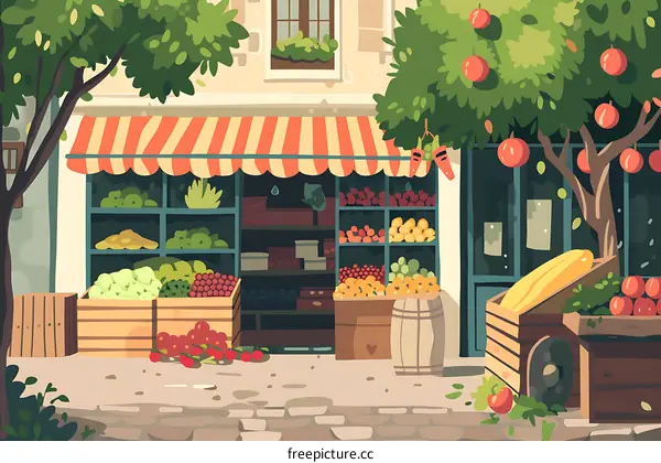 Colorful Fruits and Vegetables in Front of a Small Shop