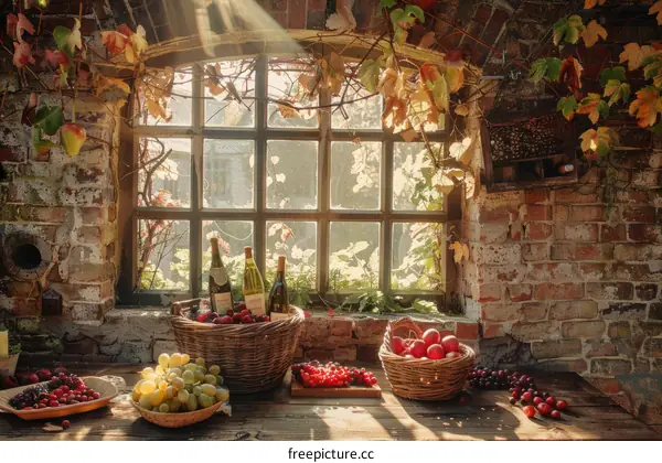 Still life with grapes and wine near the window