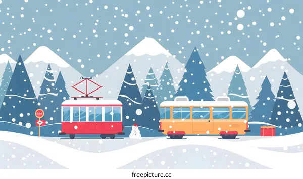 Winter Tram in Snowy Mountains Landscape