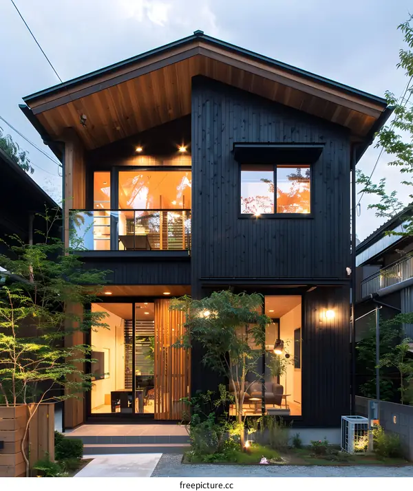 Modern Black Exterior Wooden House with Glass Doors and Windows