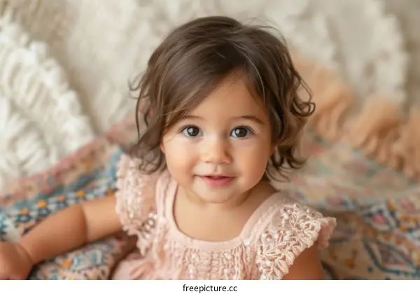 Portrait of a smiling baby girl with brown hair and brown eyes