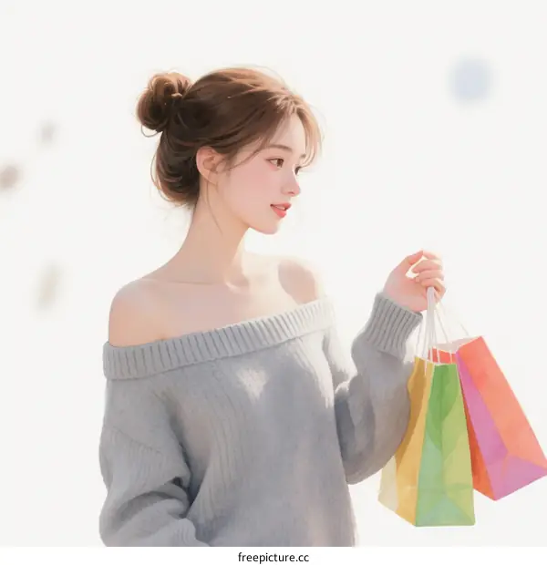 Young woman in off-shoulder sweater holding colorful shopping bags