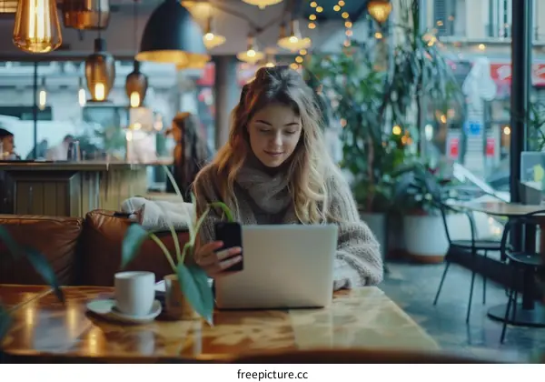 Young woman using laptop and mobile phone in cafe