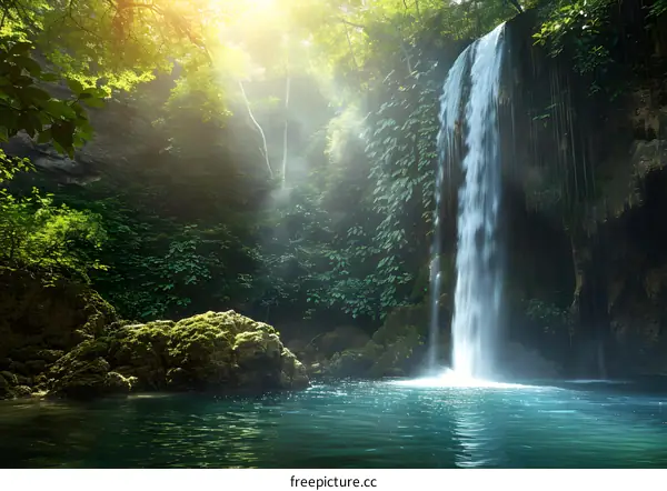 Tranquil Waterfall in Lush Green Forest