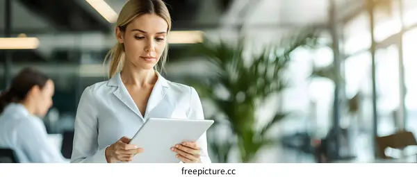Young Woman Using Tablet in Office Workspace