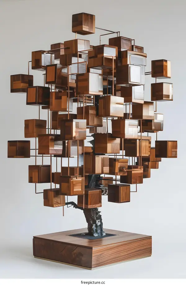 Wooden sculpture of a tree with many branches and boxes