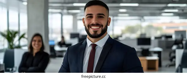 Smiling Businessman in Modern Office Workspace