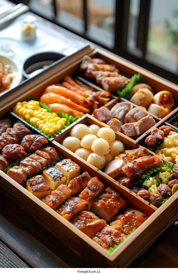 A delicious bento box with a variety of traditional Japanese dishes