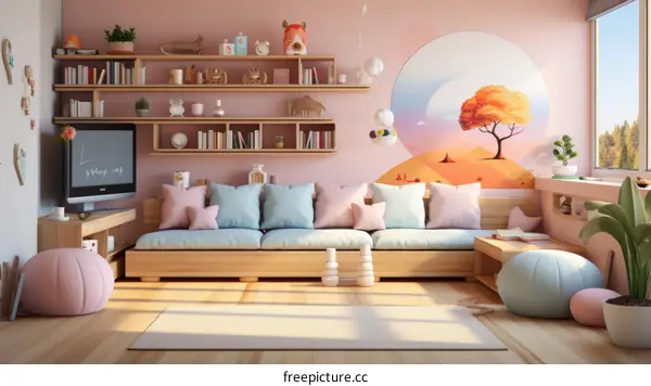 Cozy and Modern Living Room With Pastel Colors and a Large Window