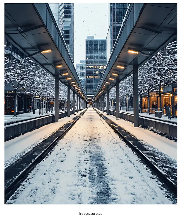 Snow Covered Train Tracks in the City