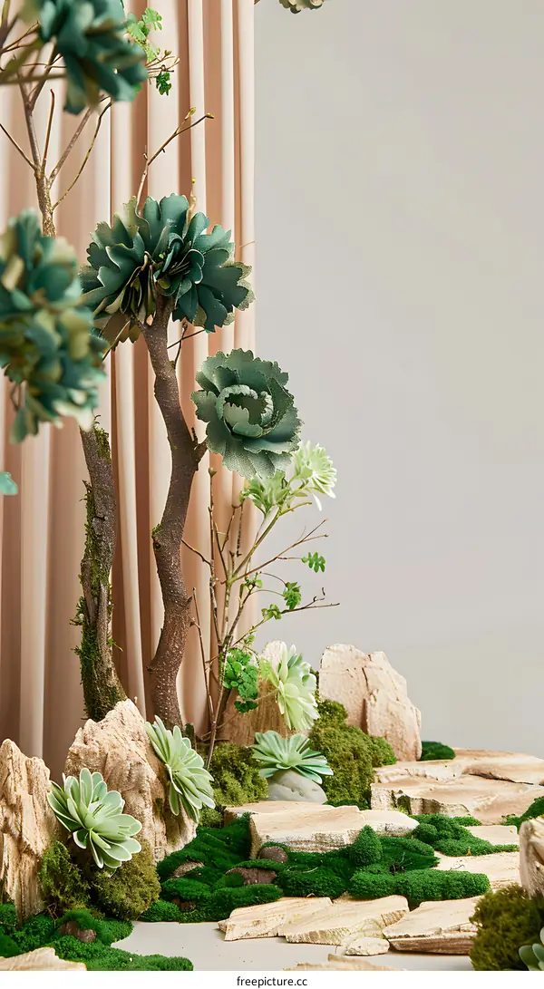Green Succulents and Mossy Stone Path with a Curtain Background