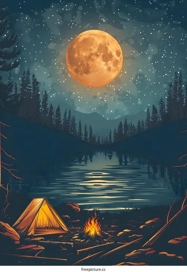 Night Camping Under Full Moon with Fire and Tent by Lake