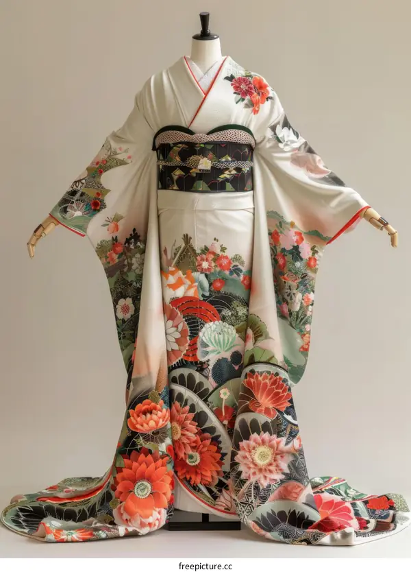 A woman wearing a beautiful kimono with floral patterns.