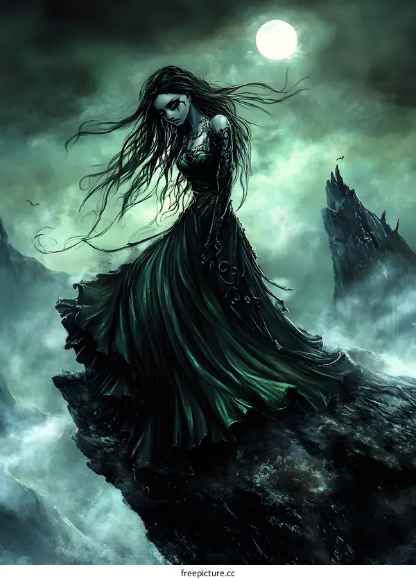 Dark Fantasy Art Of Woman With Long Hair In Green Dress Standing On Cliff