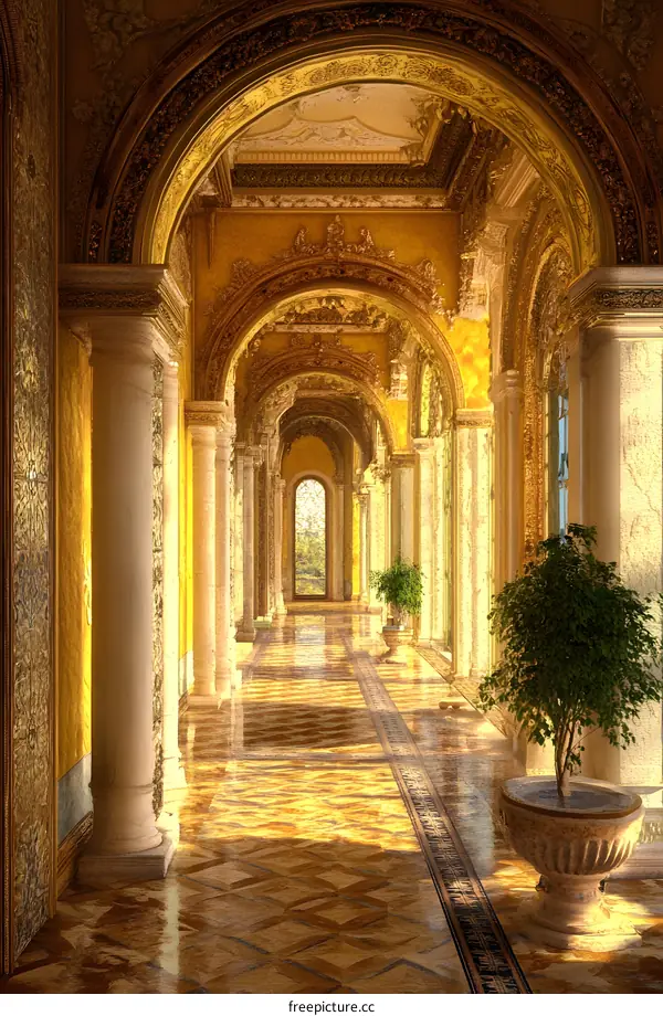 Golden Hallway with Ornate Arches and Columns