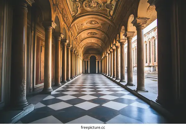 Classic Architecture with Columns and Checkerboard Floor