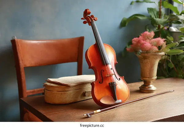 Vintage Violin on Wooden Table with Accessories